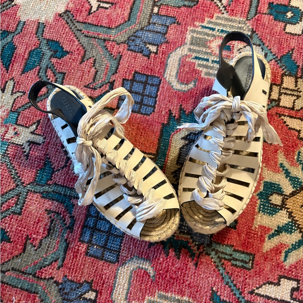 Rebecca Minkoff Cream Leather and Silk Laced Espadrille Sandals Size 8